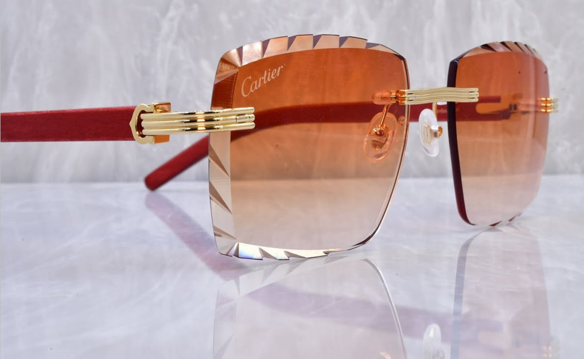 Pre-Owned Red Wood Frame Diamond Cut Sunglasses Orange Gradient