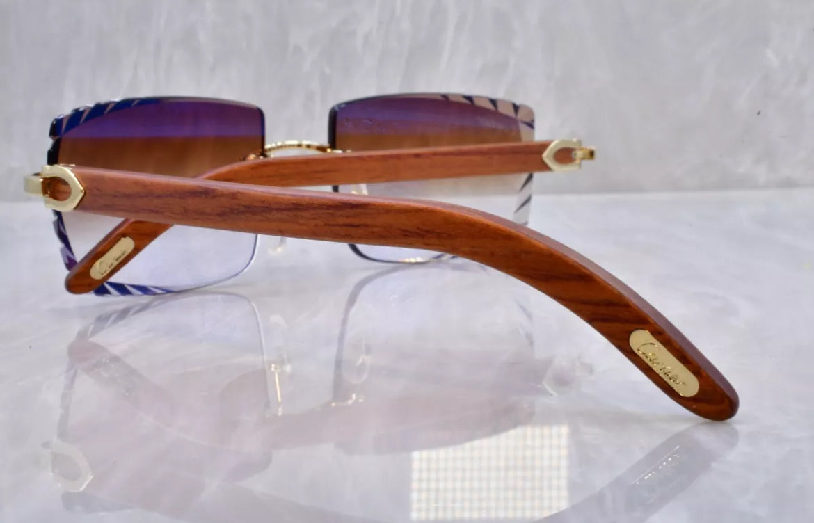 Pre-Owned Wood Frame Diamond Cut Sunglasses Brown Gradient