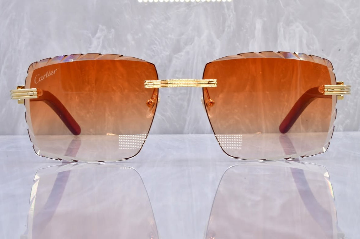 Pre-Owned Red Wood Frame Diamond Cut Sunglasses Orange Gradient