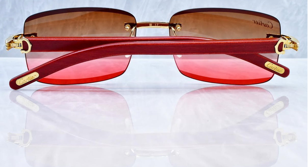 Cartier Red Wood Frame Sunshades Rose Red/Brown Gradient