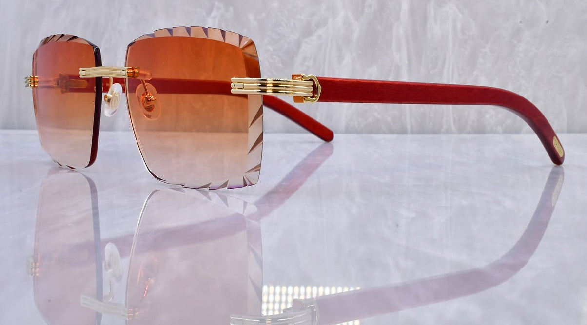 Pre-Owned Red Wood Frame Diamond Cut Sunglasses Orange Gradient