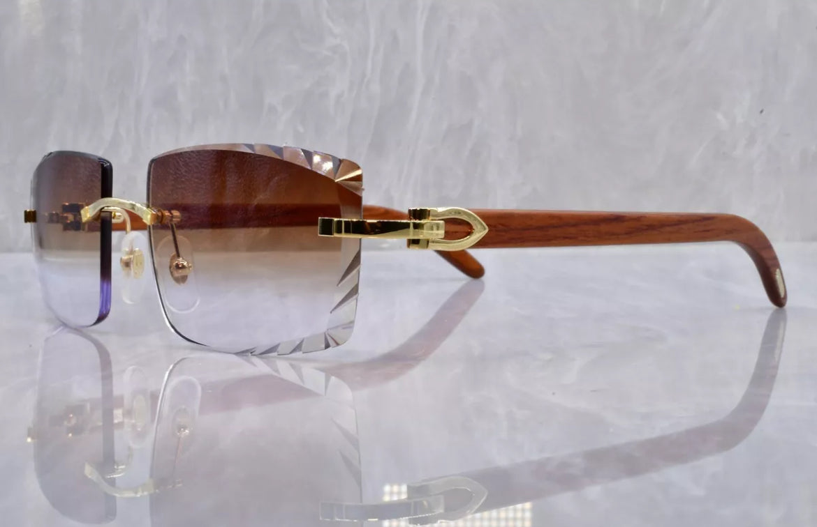 Pre-Owned Wood Frame Diamond Cut Sunglasses Brown Gradient