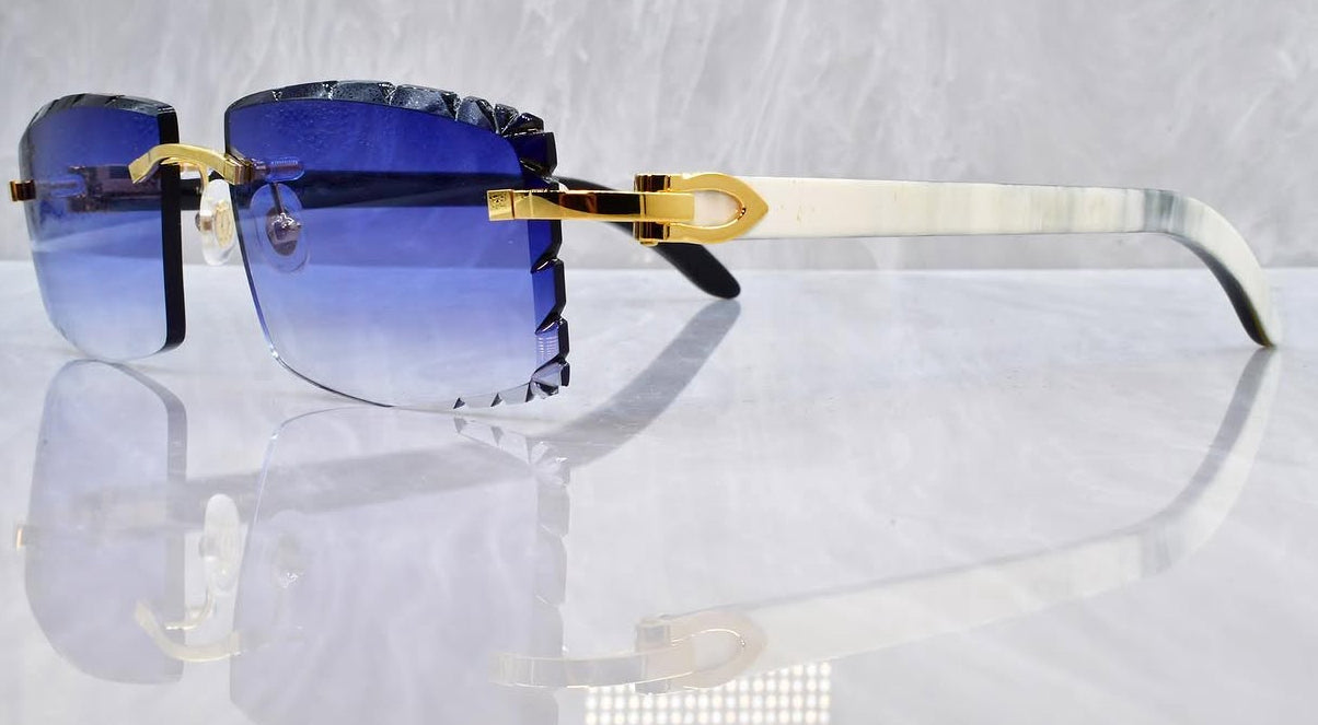 Pre-Owned Cartier Buffalo Horn Diamond Cut Sunglasses White/Royal Blue Gradient