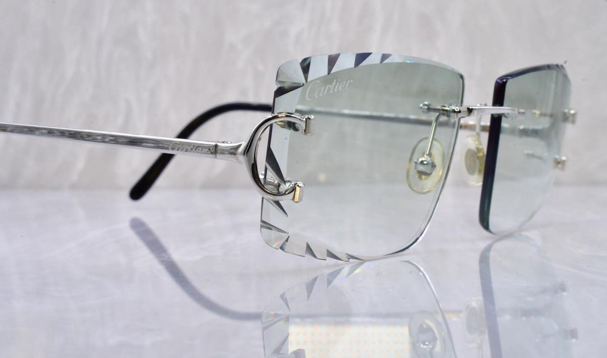 Pre-Owned Cartier C-Decor Diamond Cut Sunglasses Clear Platinum