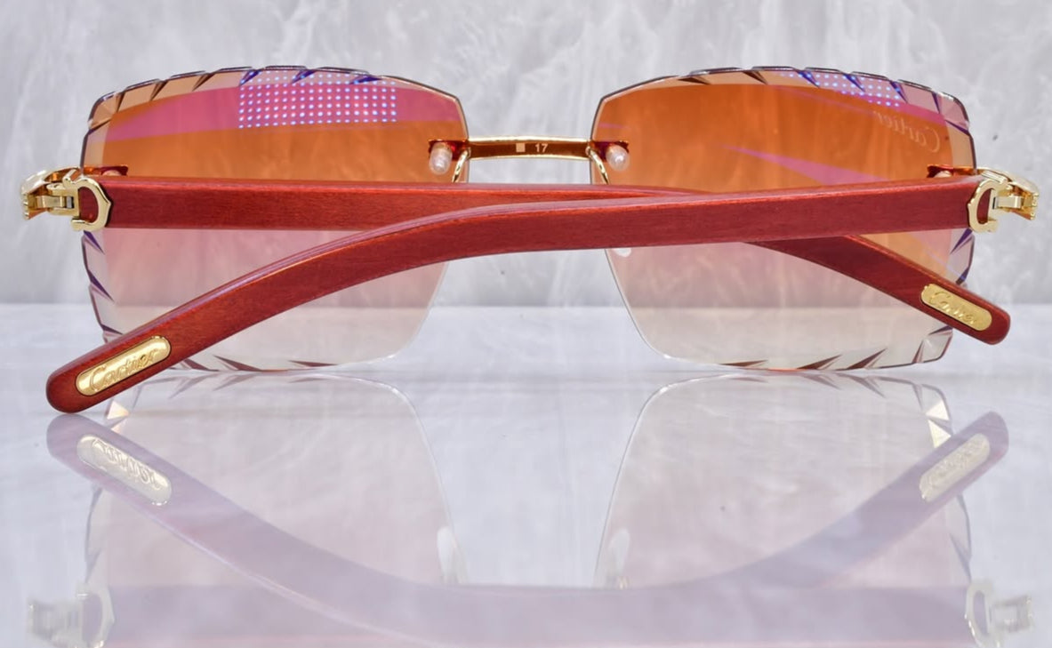 Pre-Owned Red Wood Frame Diamond Cut Sunglasses Orange Gradient